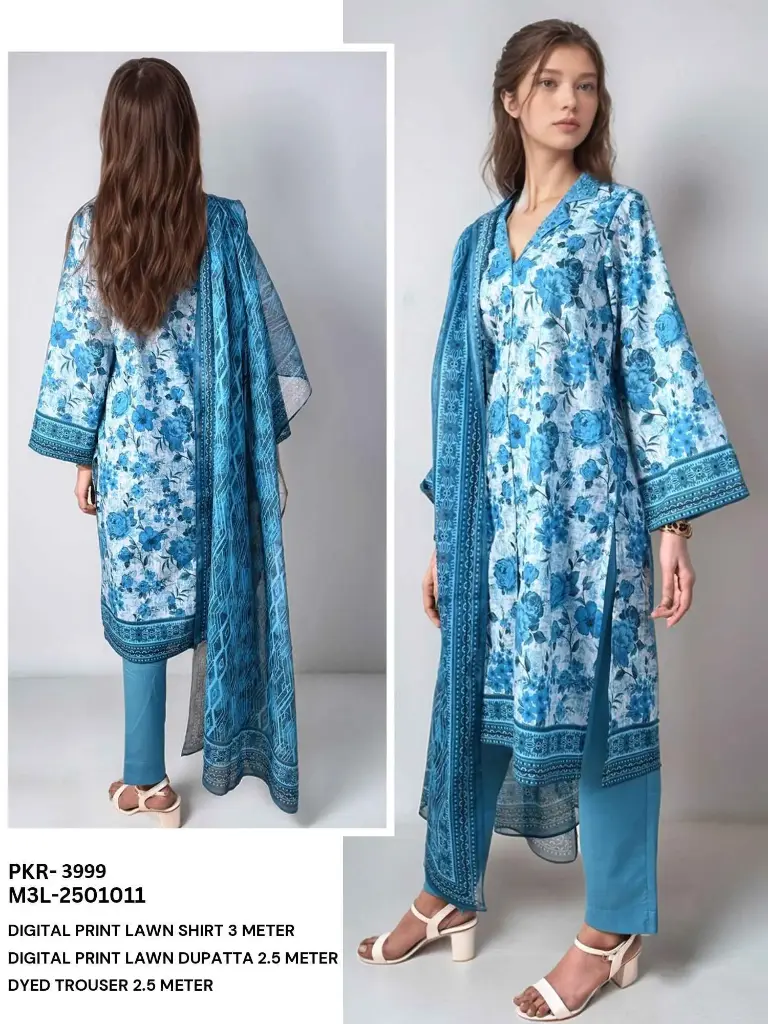 Elegant Blue Floral Digital Printed Lawn Suit 